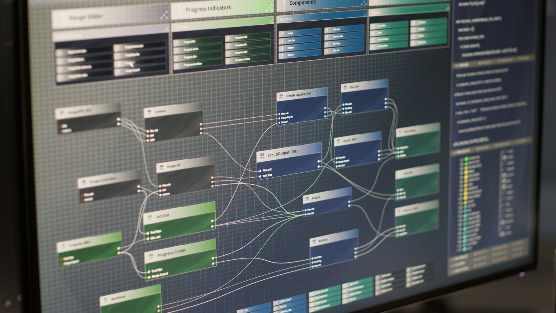Close up of programming code on computer monitors in company workspace